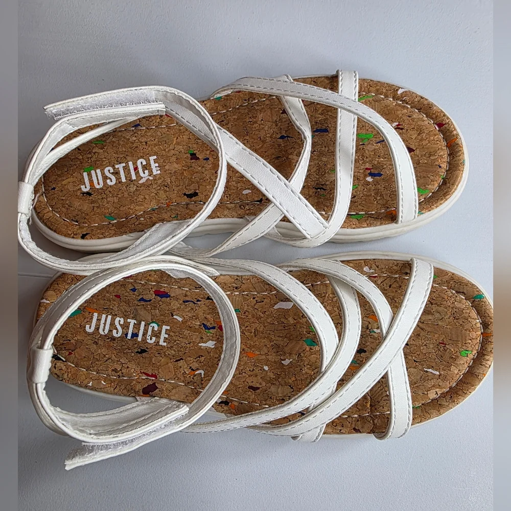 Justice Size 1 Little Girl's Strappy Sandal White Velcro LIKE NEW 2799-L